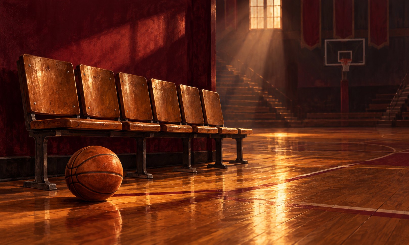 Conceptual illustration of empty wooden seats and a basketball beside a warmly lit gym floor.