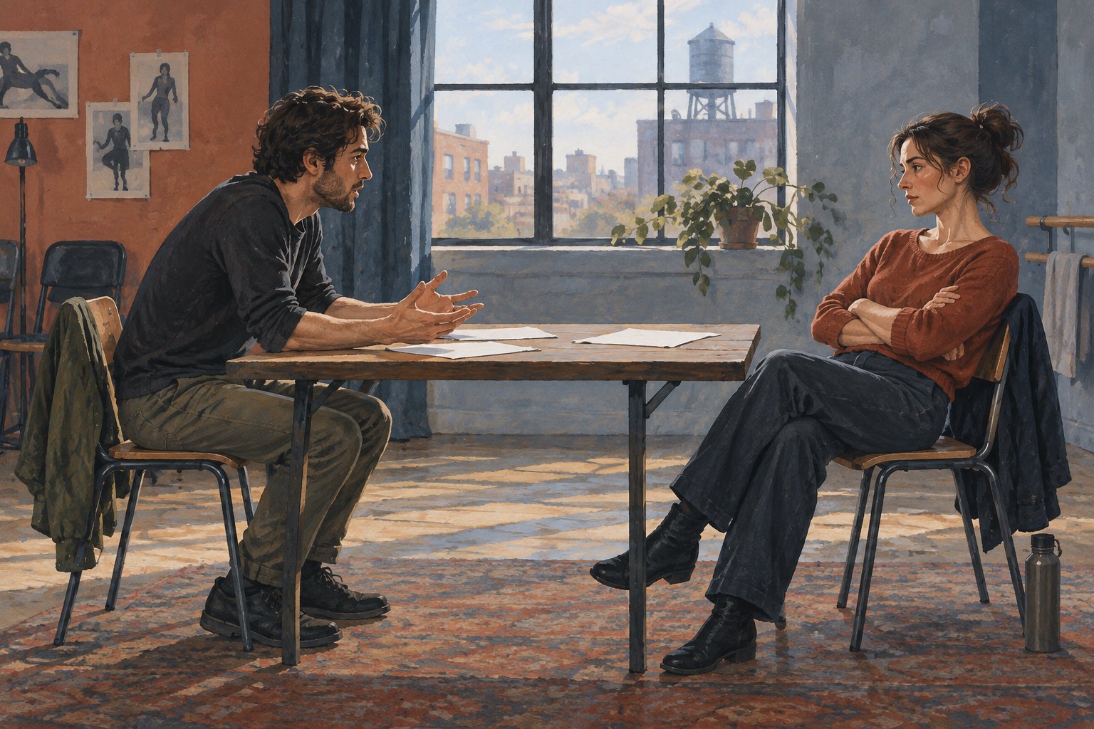 Illustration of two performers rehearsing across a table, one gesturing while the other sits with folded arms.