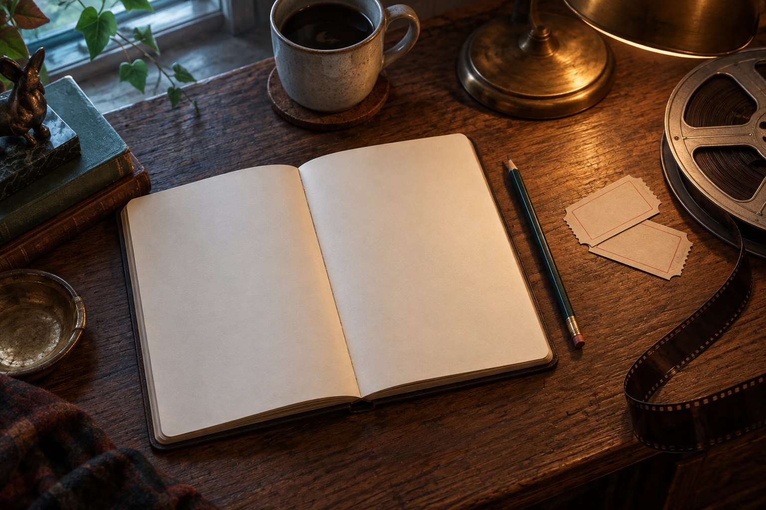 An open blank notebook, pencil, unprinted tickets, and film reel on a wooden desk under warm lamplight.