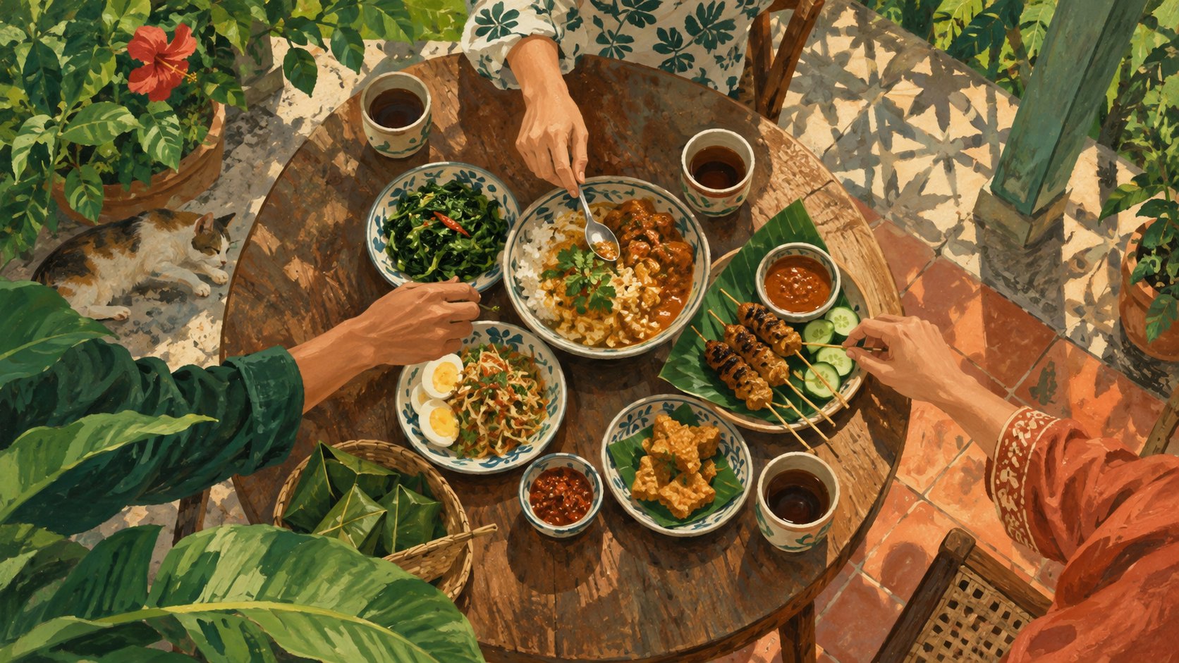 綠蔭下的餐桌擺著共享料理，三雙手伸向桌中央，描繪日常交流的情境插畫，非演員聚餐紀錄