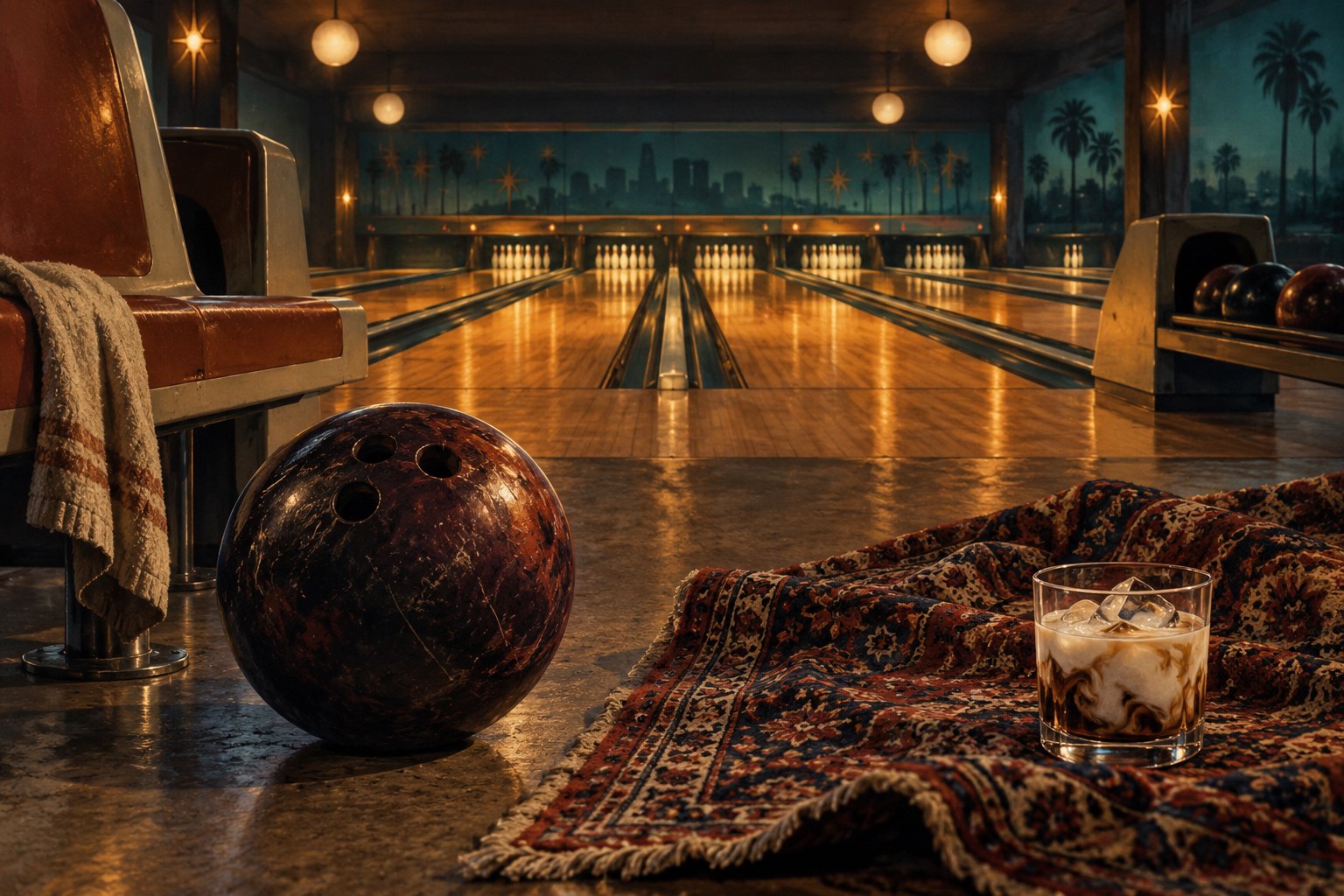 Painterly illustration of a bowling ball, patterned rug, and creamy cocktail beside warmly illuminated bowling lanes.