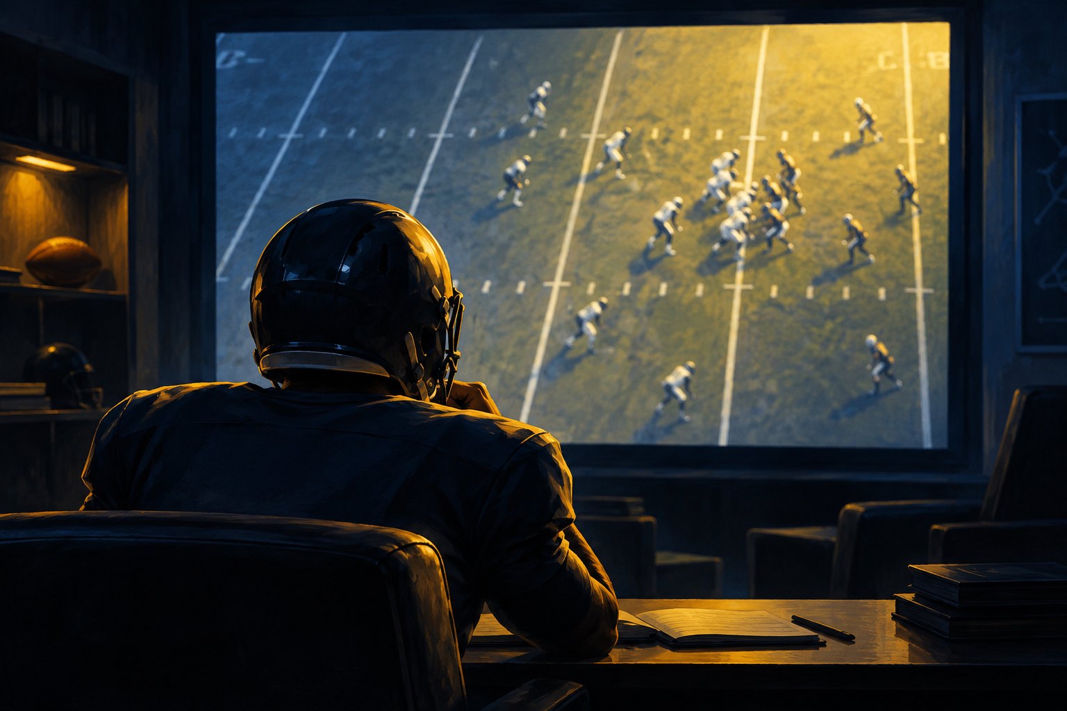 Conceptual illustration of a helmeted quarterback watching football footage in a dim screening room.