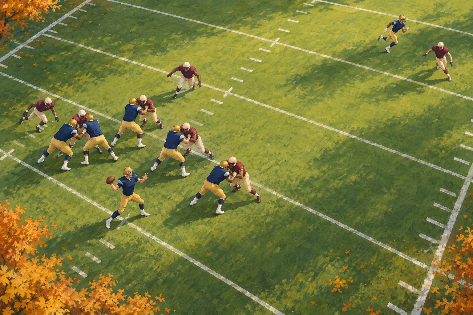 Conceptual overhead illustration of a quarterback preparing to pass with blockers, defenders, and a receiver visible.