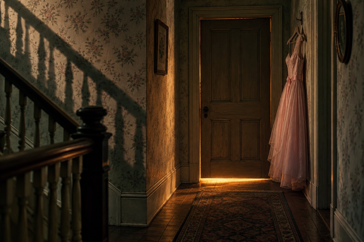 A pale pink dress hangs beside a closed wooden door in a dim hallway crossed by staircase shadows.