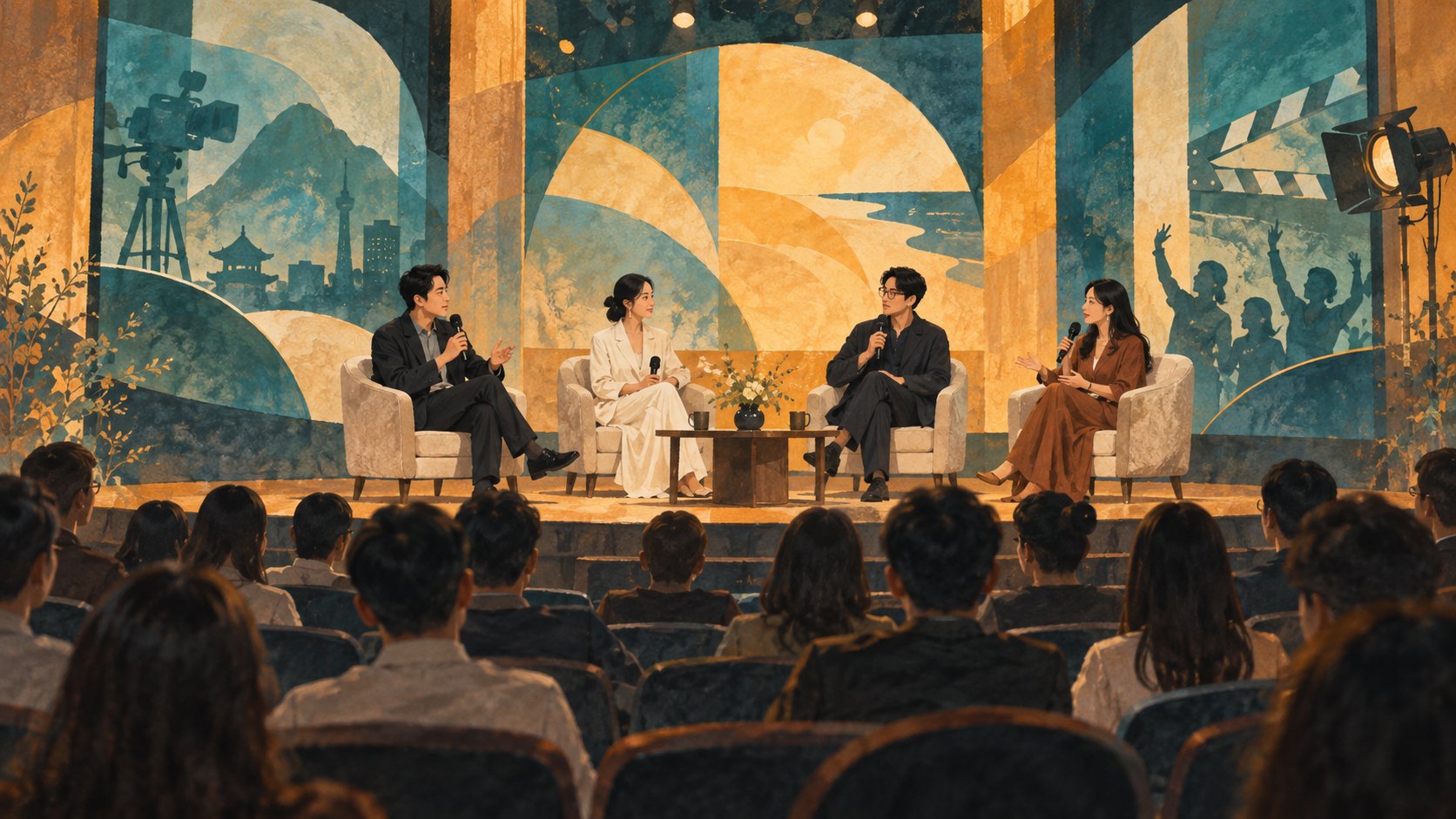 原創論壇概念插畫：四名影視工作者在舞臺上交流，觀眾於臺下聆聽，非活動現場紀錄