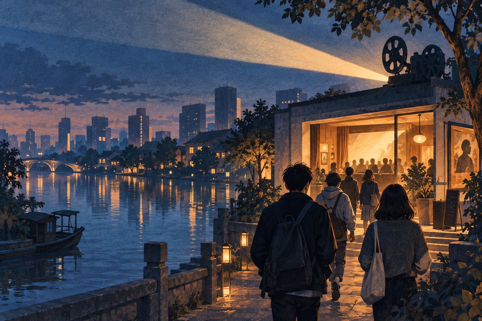 青年观众沿暮色河岸走向暖光影院的概念插画,非活动现场
