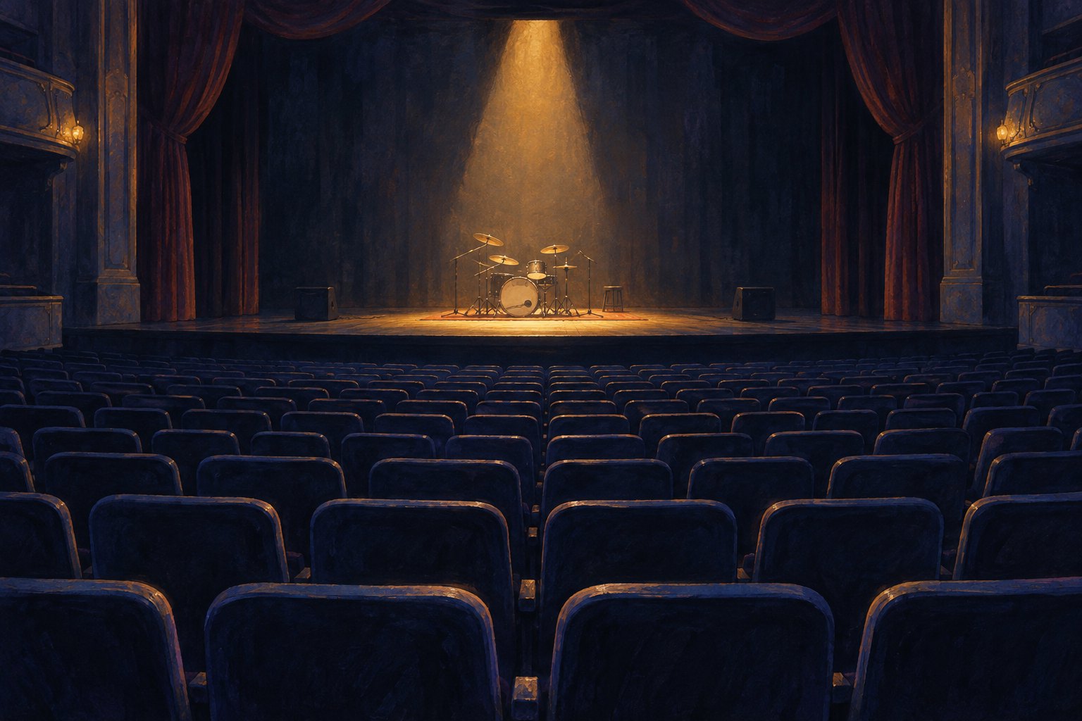 Conceptual illustration of an unattended drum kit under an amber spotlight facing rows of empty theater seats.