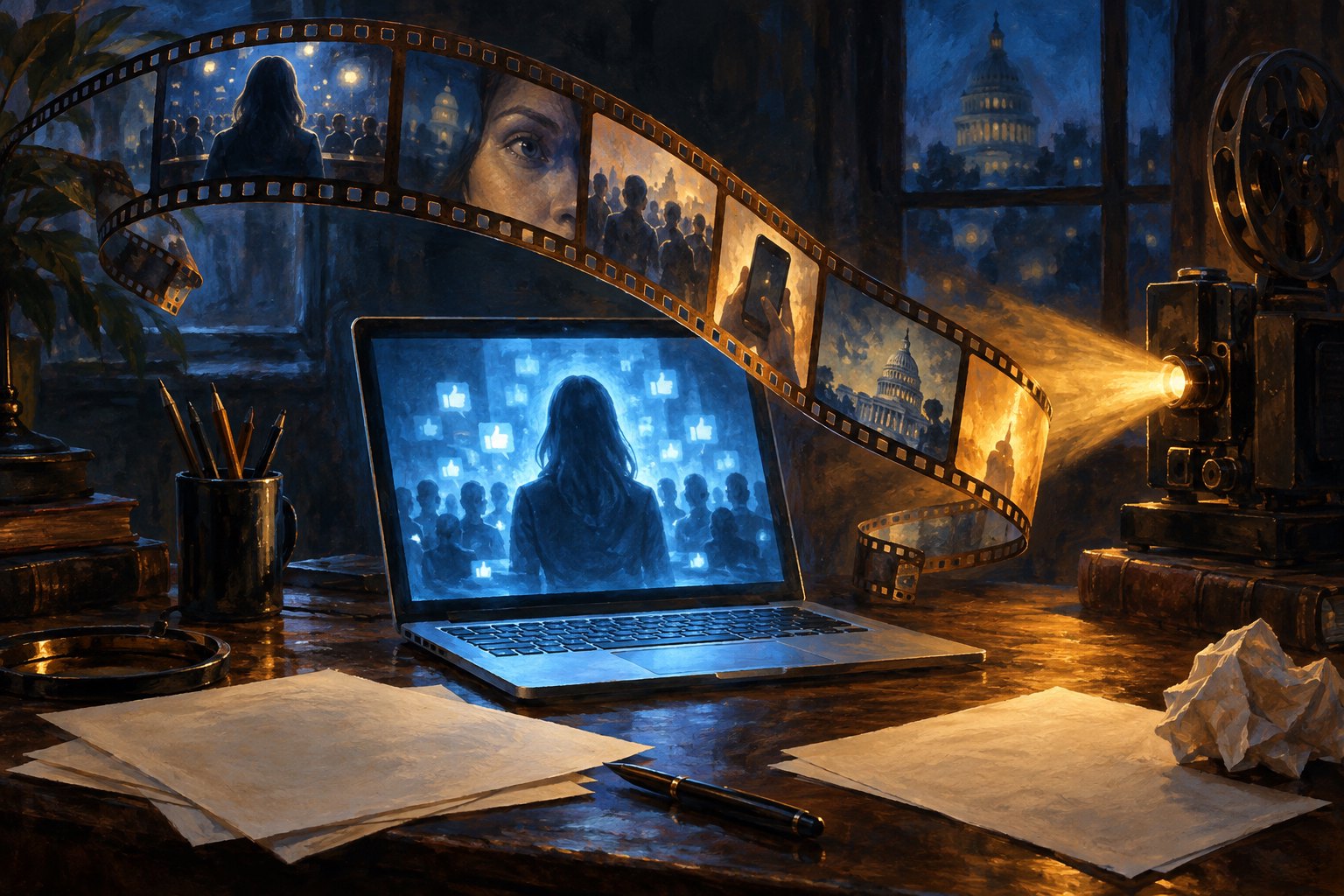 Painterly illustration of a blue-lit laptop, curling filmstrip, and golden projector light on a writer’s desk.
