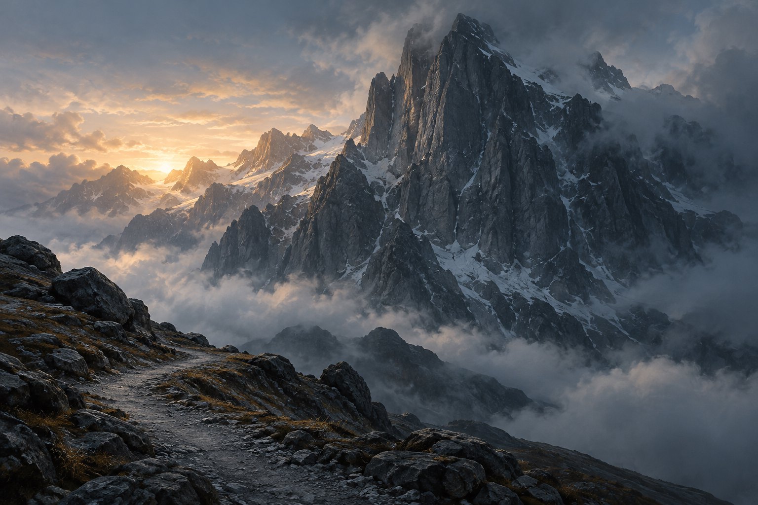 晨光照亮雲霧間的高山岩壁,前景山徑向遠方延伸的概念插畫,非電影劇照