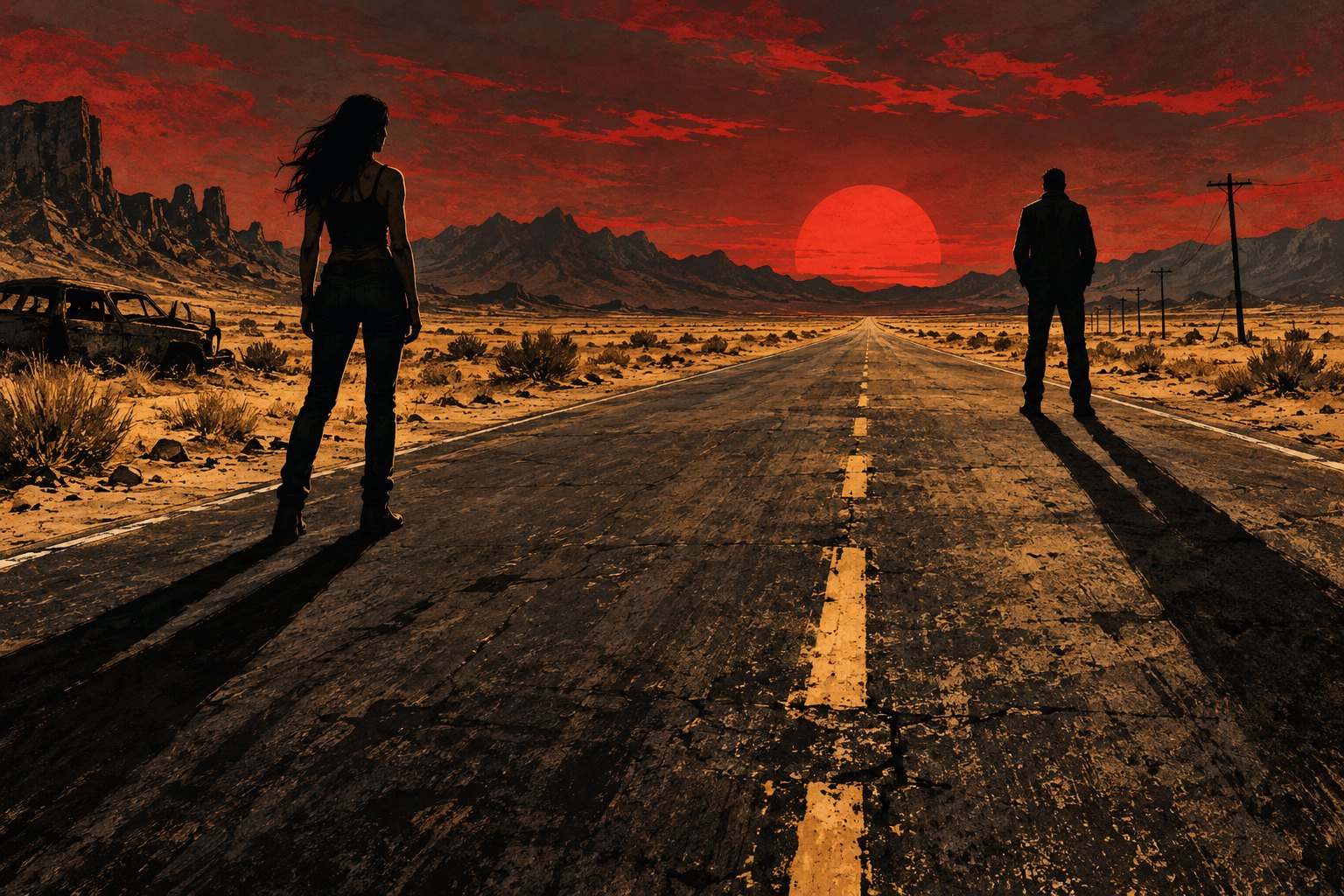 Original editorial illustration of two travelers casting long shadows on a desert highway beneath a red setting sun.