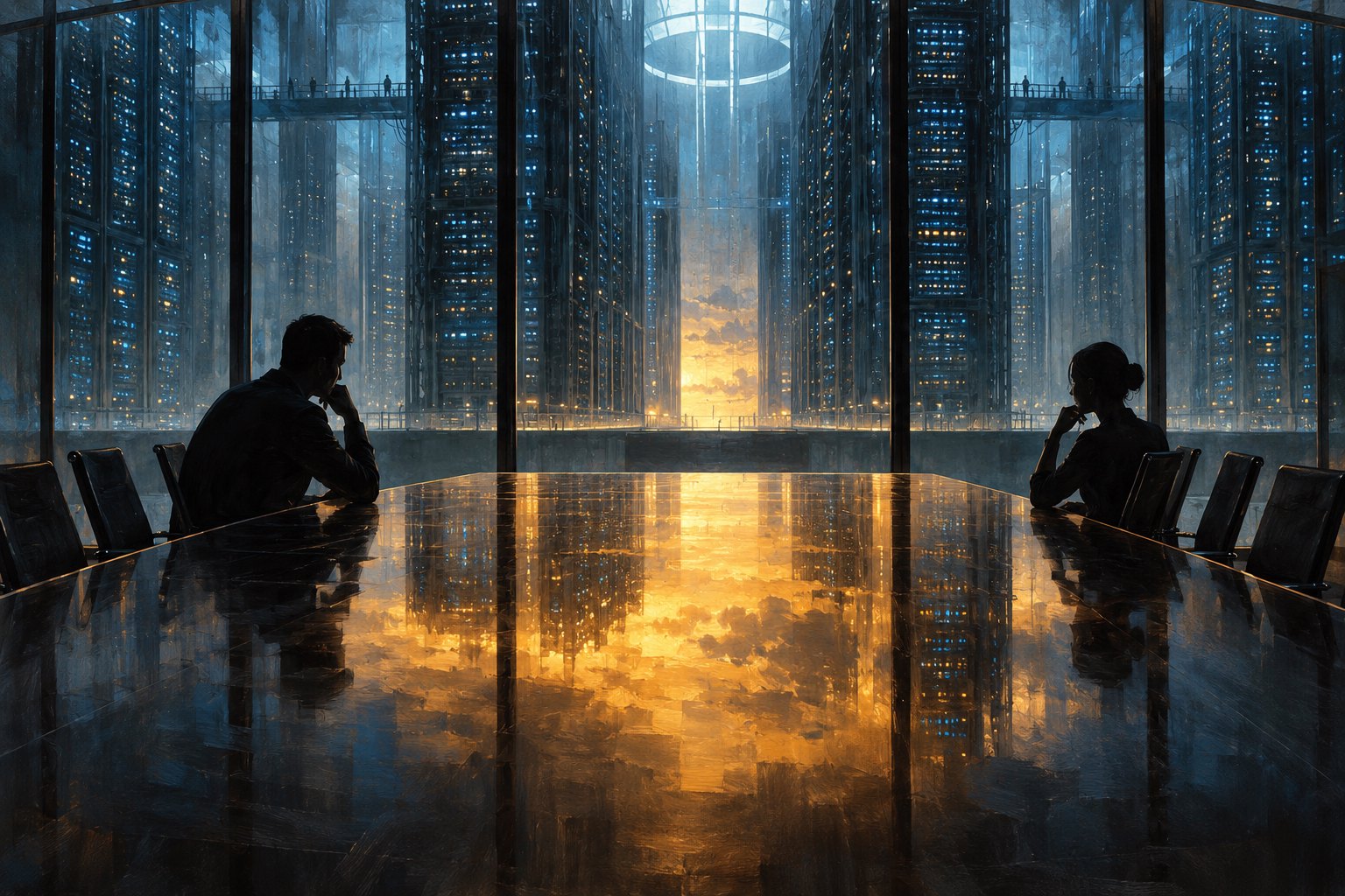 Concept illustration of two silhouetted figures across a reflective conference table beneath towering blue servers and amber light.