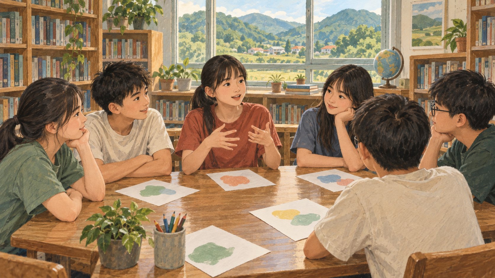 學生圍坐木桌分享觀影感受的橫式概念插畫，呈現映後交流構想