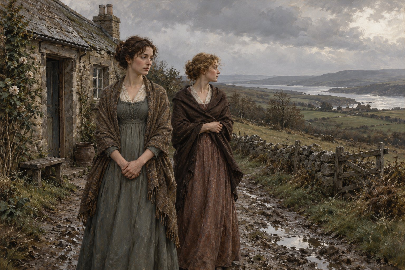 Literary illustration of two sisters in period dresses standing beside a weathered stone cottage above a windswept countryside.