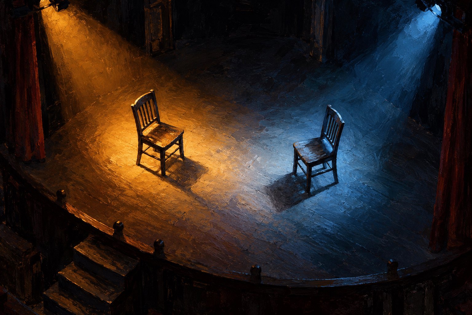 Conceptual illustration of two empty wooden chairs on a stage where amber and blue spotlights meet.