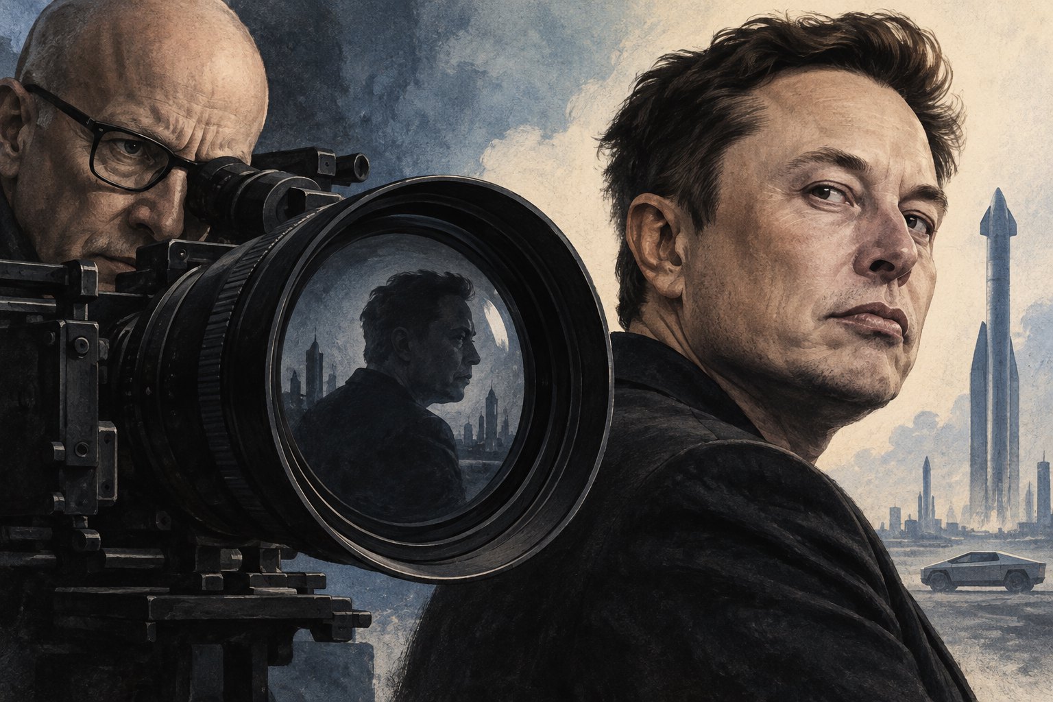 Editorial illustration of Elon Musk beside a filmmaker and a camera lens reflecting his silhouette, with a rocket in the background.