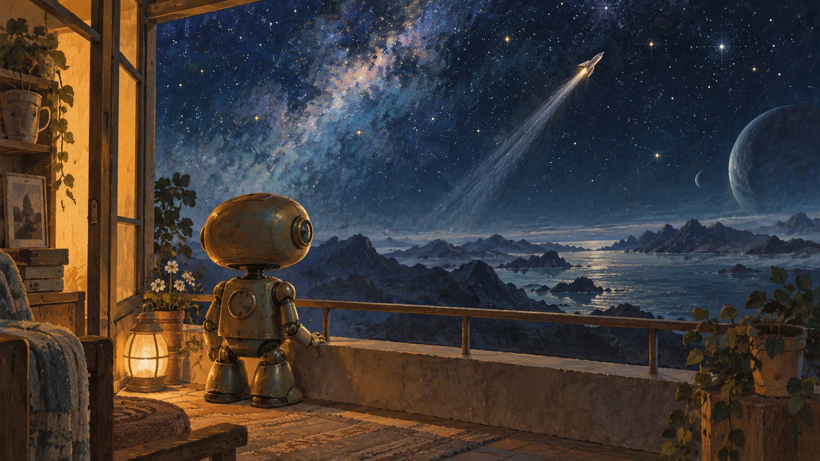 守護機器人在暖光陽台目送太空船飛向星空的原創概念插畫，非電影劇照