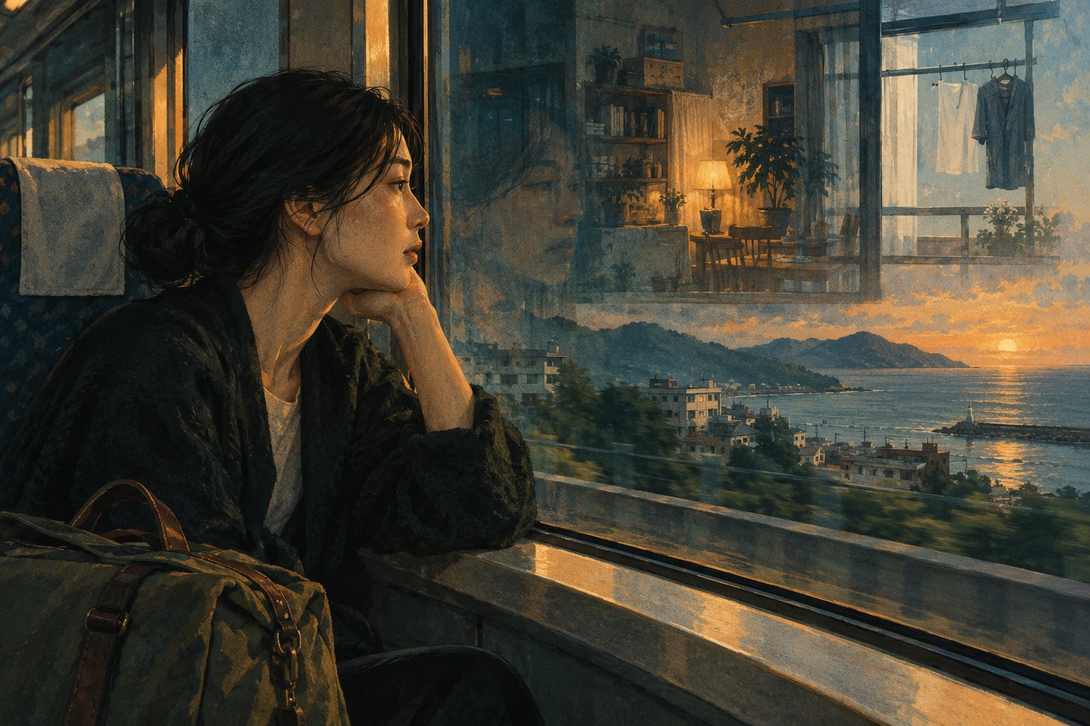 原創概念插畫：女子坐在列車窗邊，望向交疊著住家窗影與遠方景色的玻璃