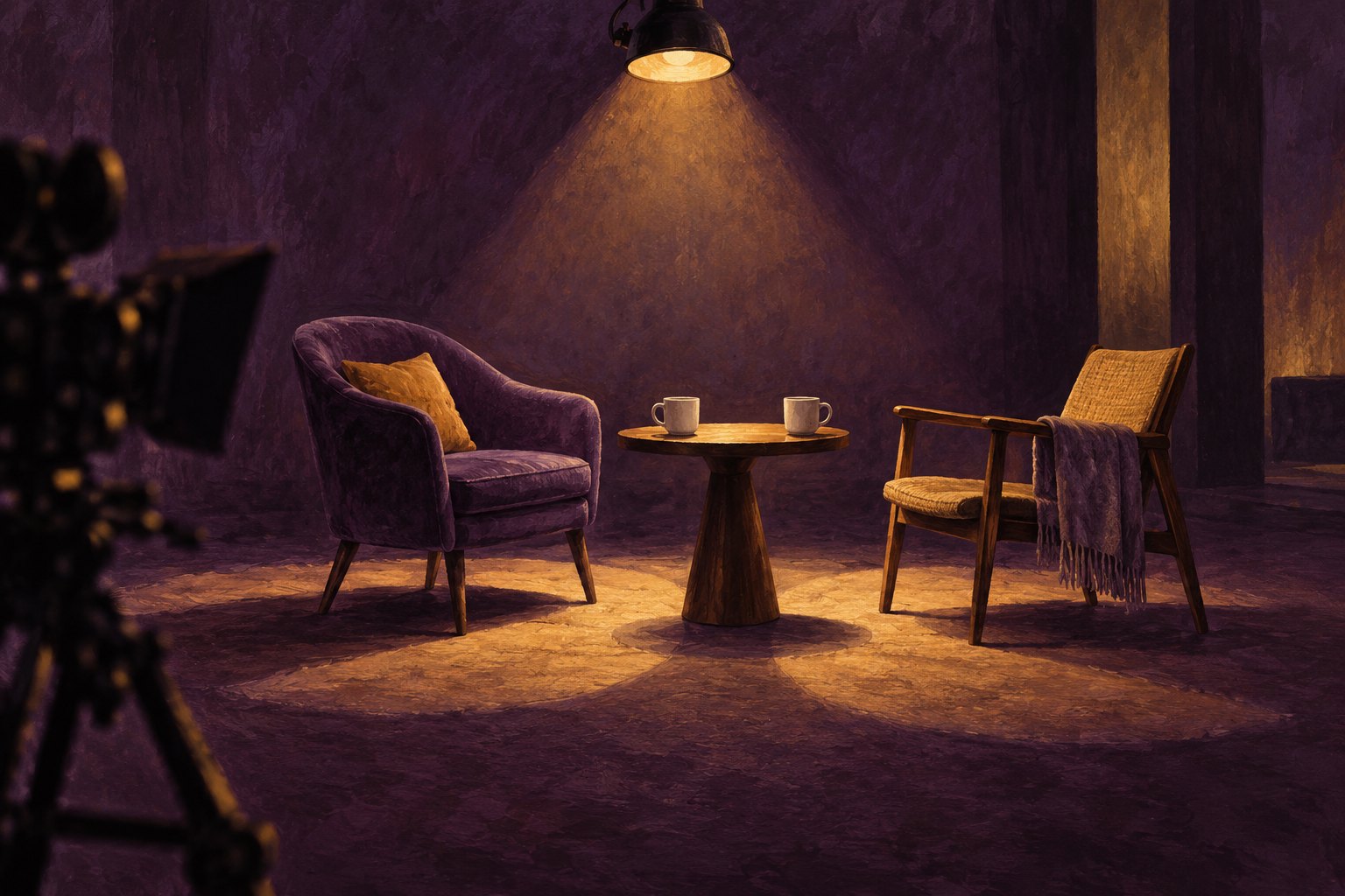 Conceptual illustration of two empty chairs facing each other across a small table on a warmly lit soundstage.