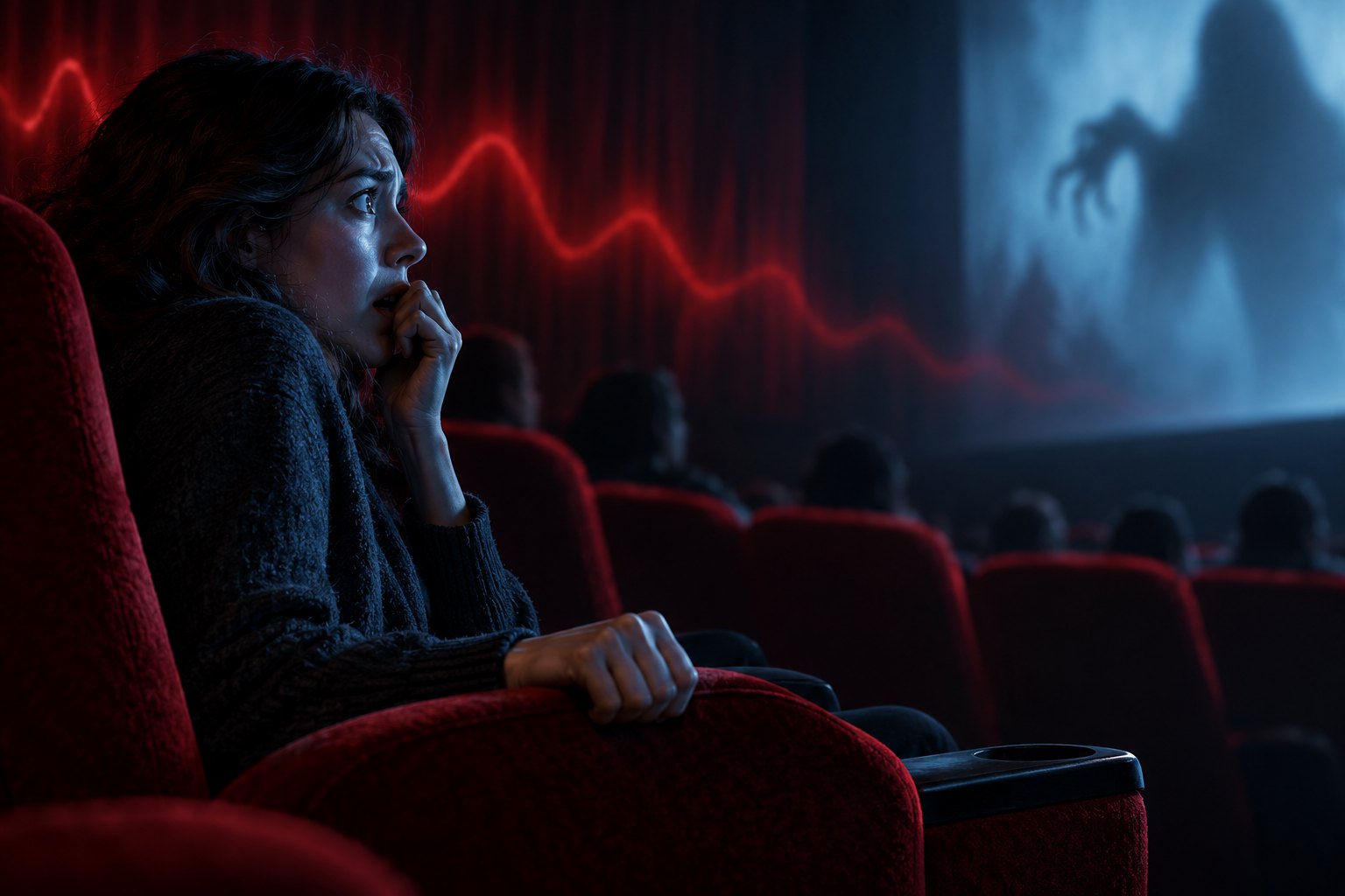 An illustrated moviegoer grips a theater armrest beneath blue screen light and an abstract red pulse line.