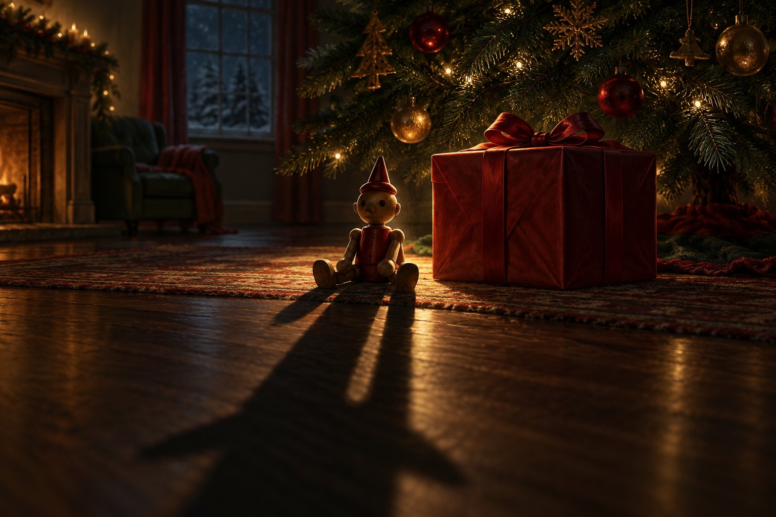 Conceptual Christmas horror illustration of a wooden toy casting a long shadow beside a red gift beneath a decorated tree.