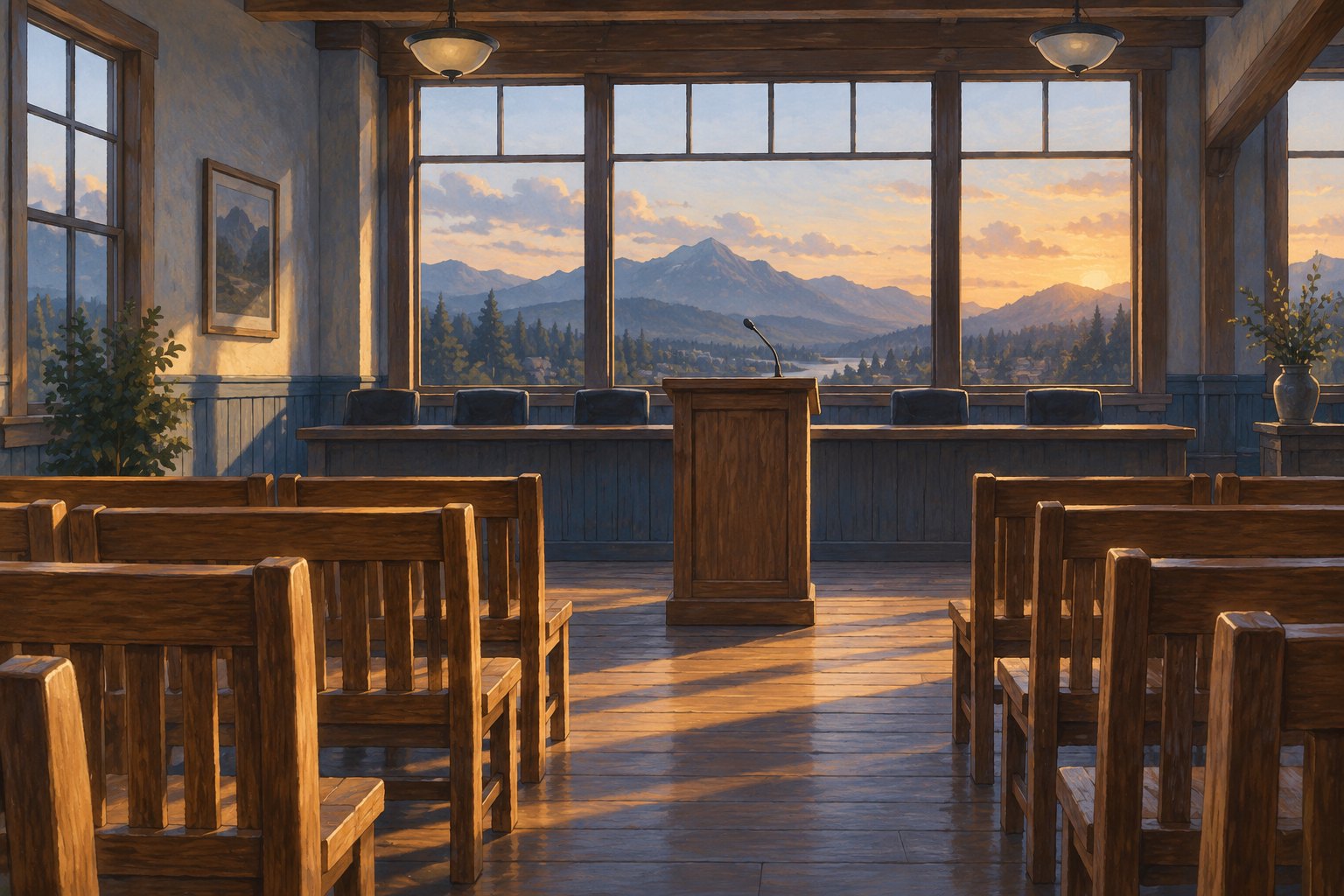 Conceptual illustration of an empty town meeting room with wooden benches, a lectern, and mountains beyond the windows.