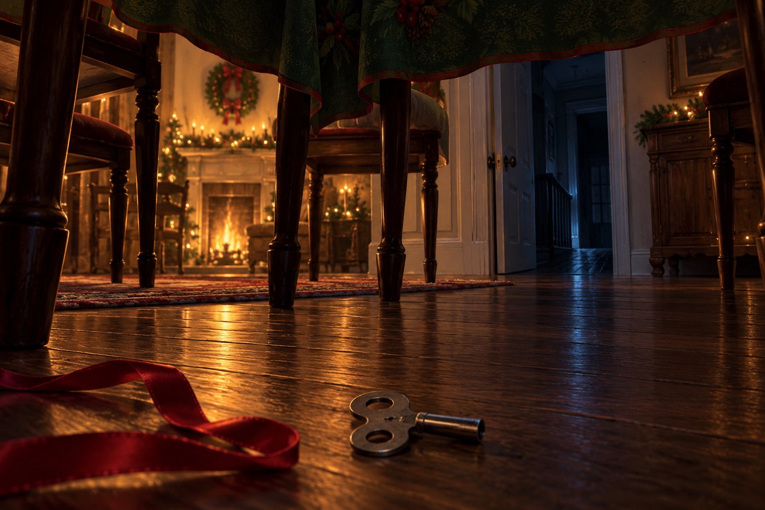 Conceptual Christmas horror illustration of a wind-up key and red ribbon beneath a dining table facing a dark hallway.