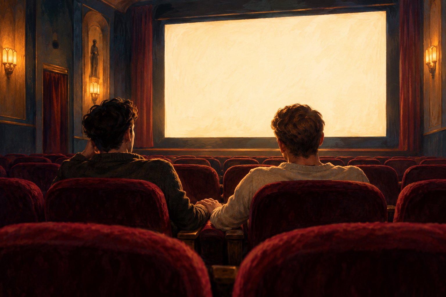 Painted illustration of two men sitting close together in a cinema illuminated by a glowing screen.