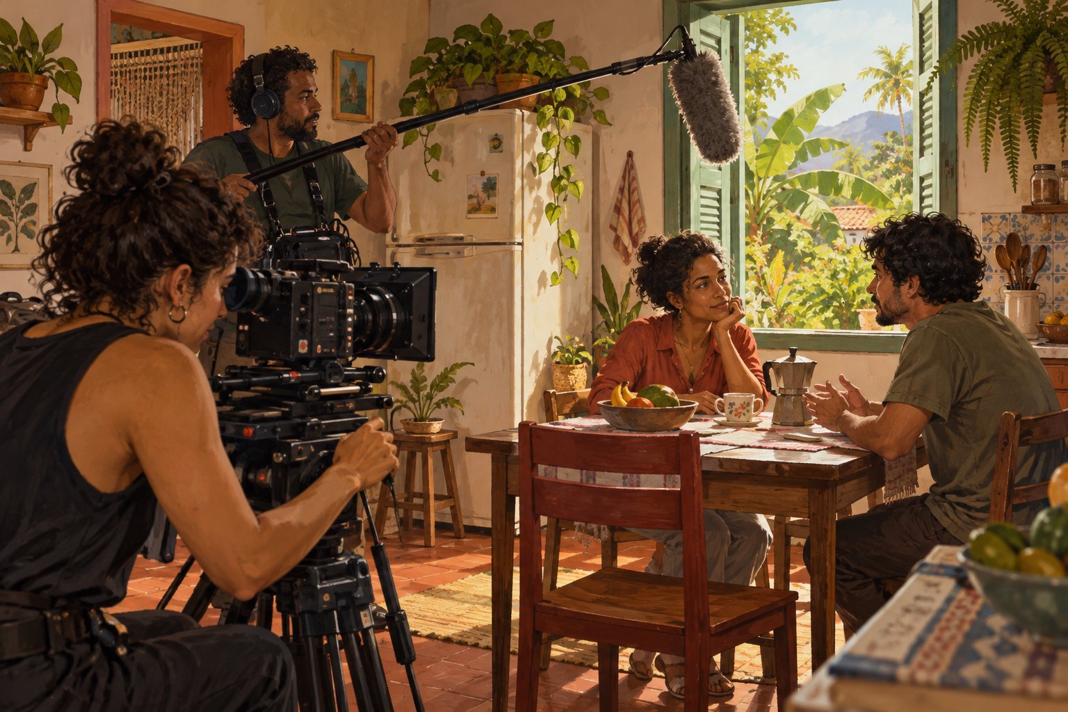 Editorial illustration of an imagined film crew recording two performers at a kitchen table in a sunlit Brazilian home.