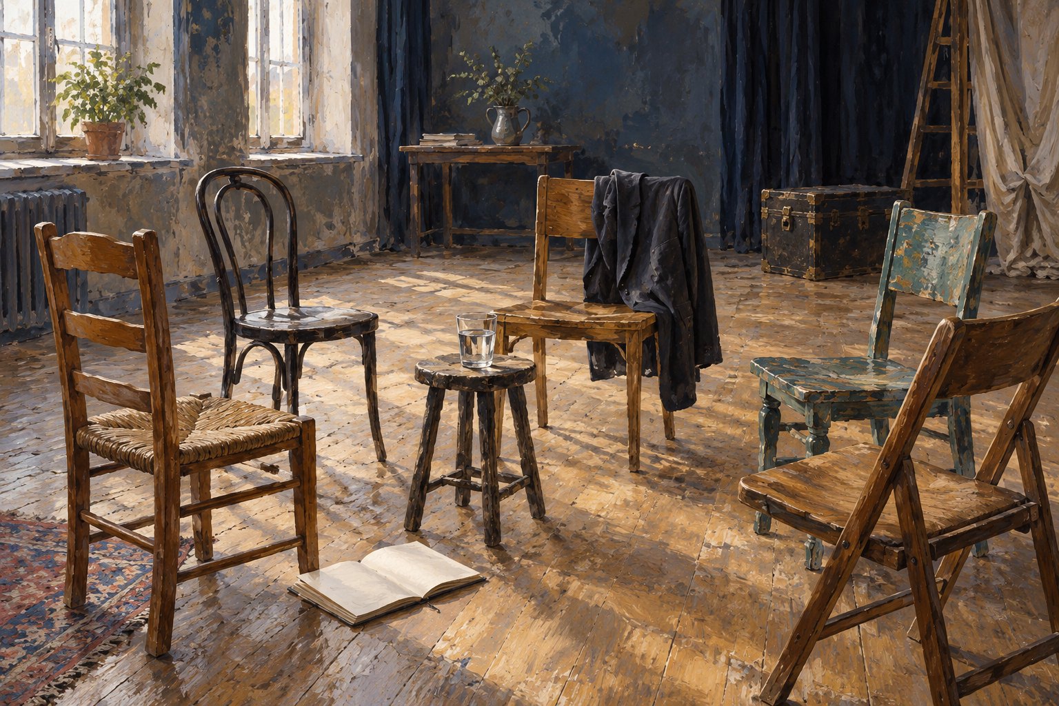 Conceptual illustration of five mismatched chairs, a dark jacket, and a glass of water in a sunlit rehearsal room.