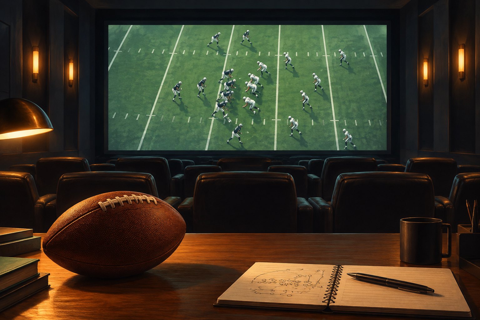 Conceptual illustration of a football film room with a field projected on a screen and a football on the foreground desk.