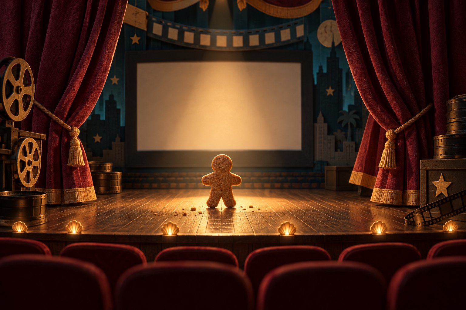 Conceptual illustration of a gingerbread figure under a spotlight on a miniature theater stage framed by burgundy curtains.