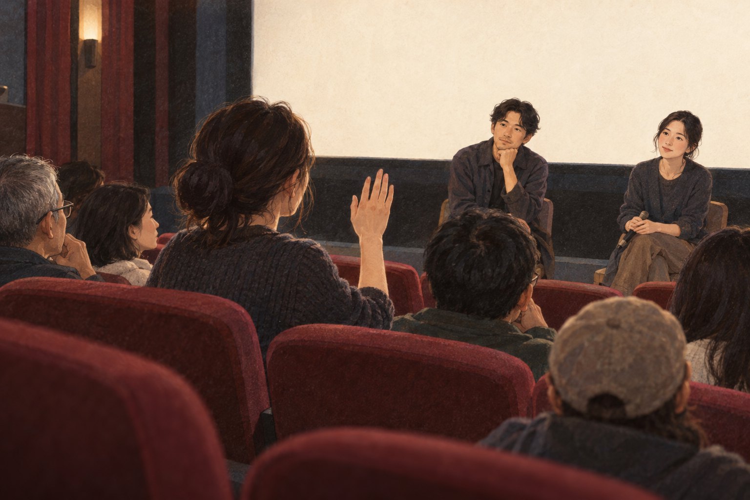 影院映后交流中，一位观众举手发言，两位创作者认真倾听的概念插画
