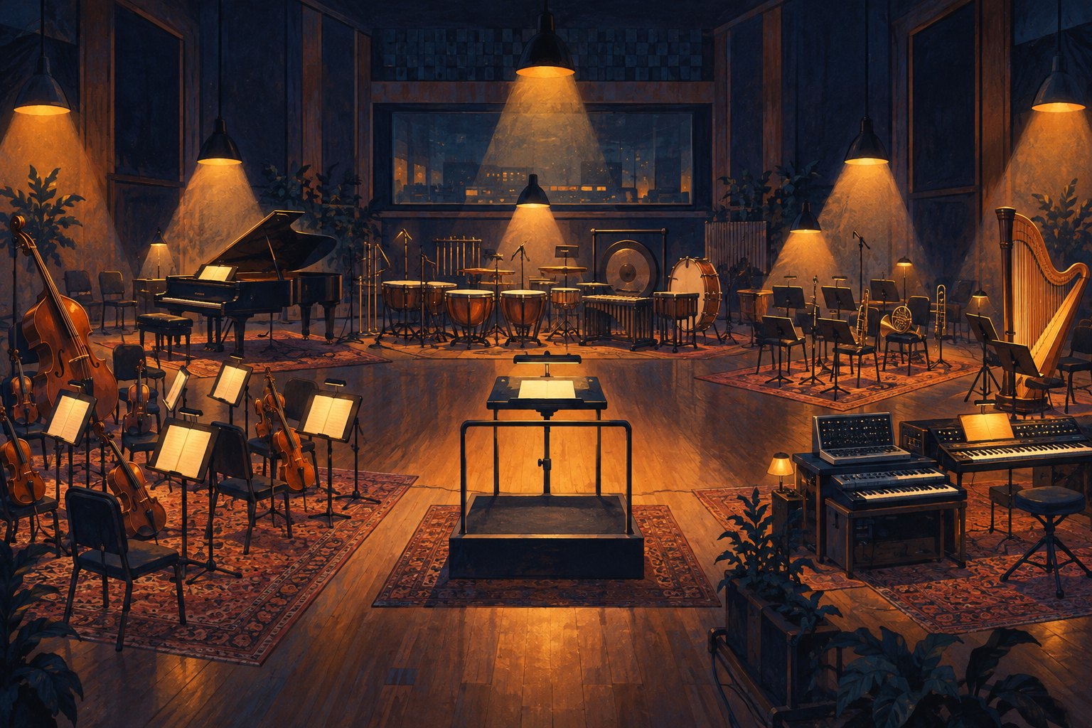 Conceptual illustration of an empty recording studio with illuminated instruments surrounding a conductor’s podium.