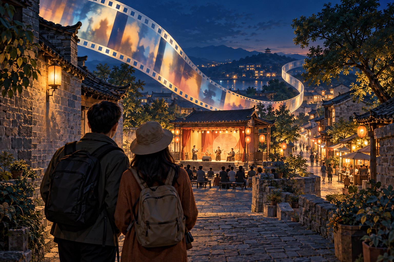 游客在灰砖街巷中观看暖光舞台，空中胶片连接银幕与旅行想象的概念插画