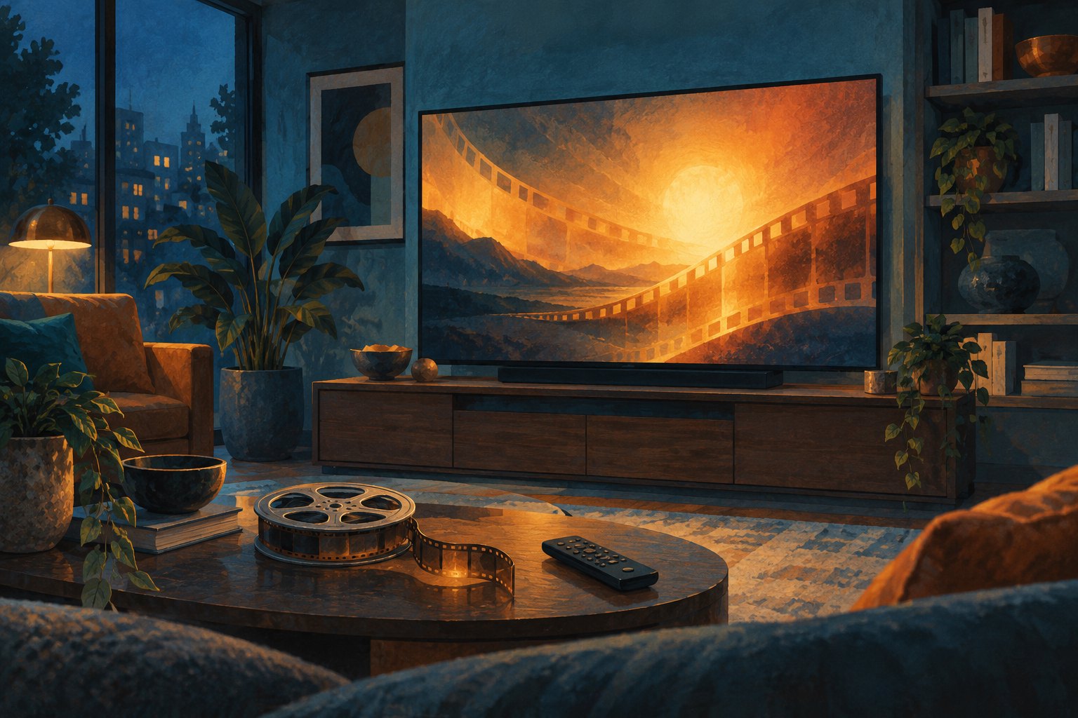 Conceptual illustration of a glowing television in a blue living room, with a film reel and remote on a foreground table.