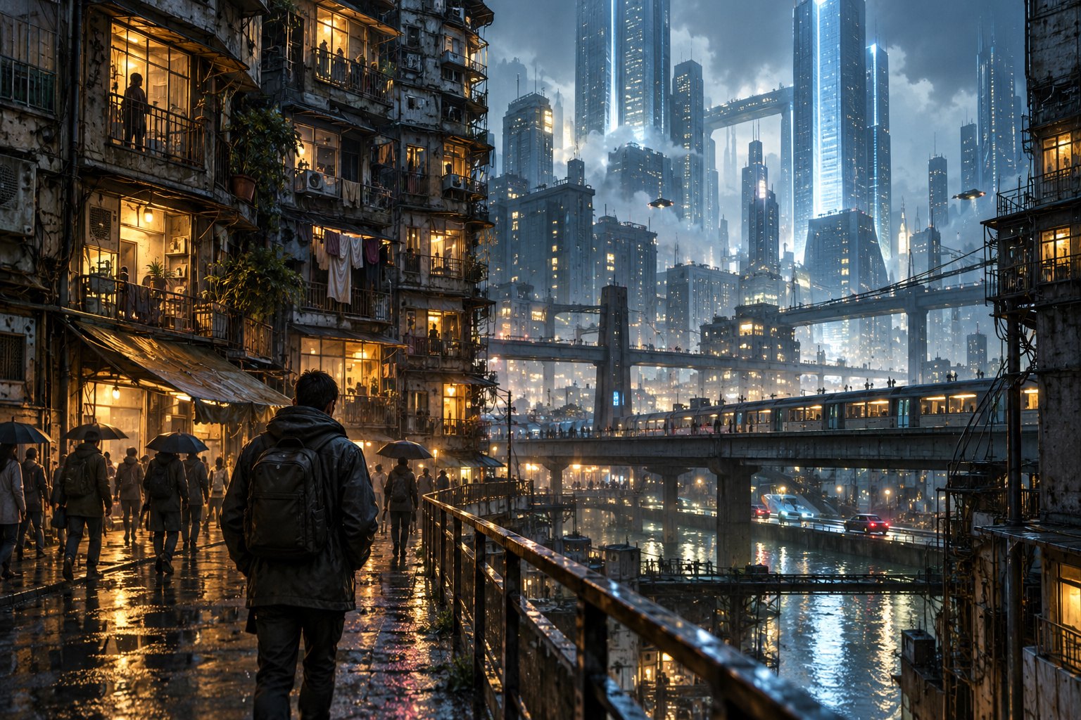 Speculative editorial illustration of a lone commuter beneath aging apartment balconies and towering futuristic skyscrapers.
