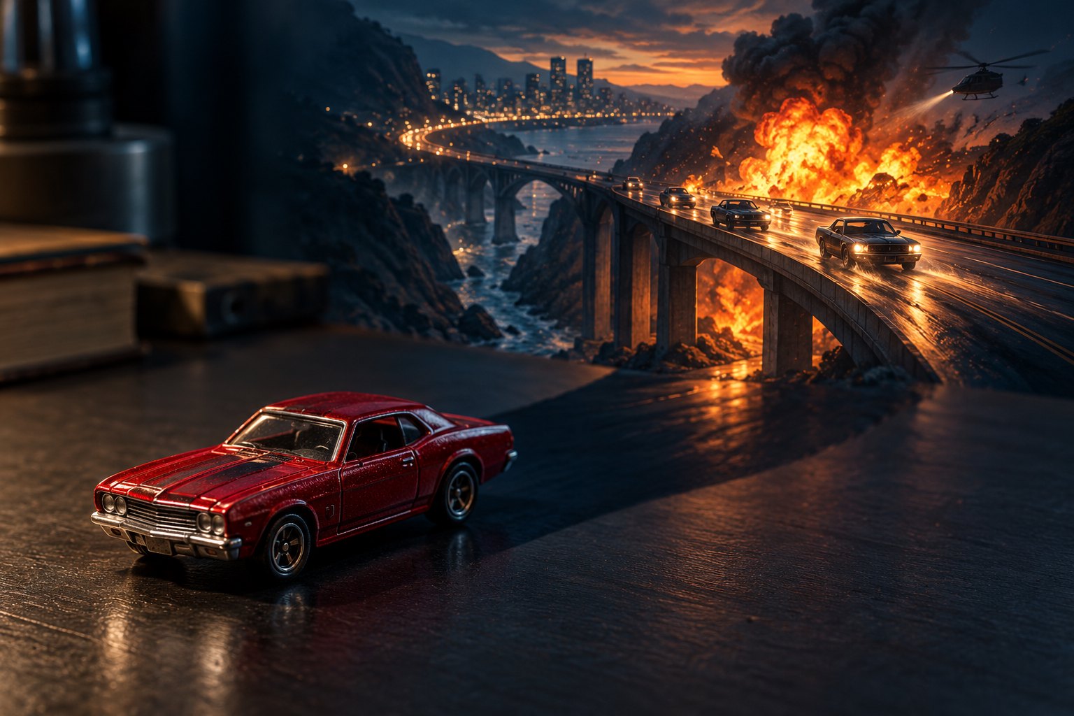 Concept illustration of a red miniature car beside an imagined highway chase and a fiery explosion.
