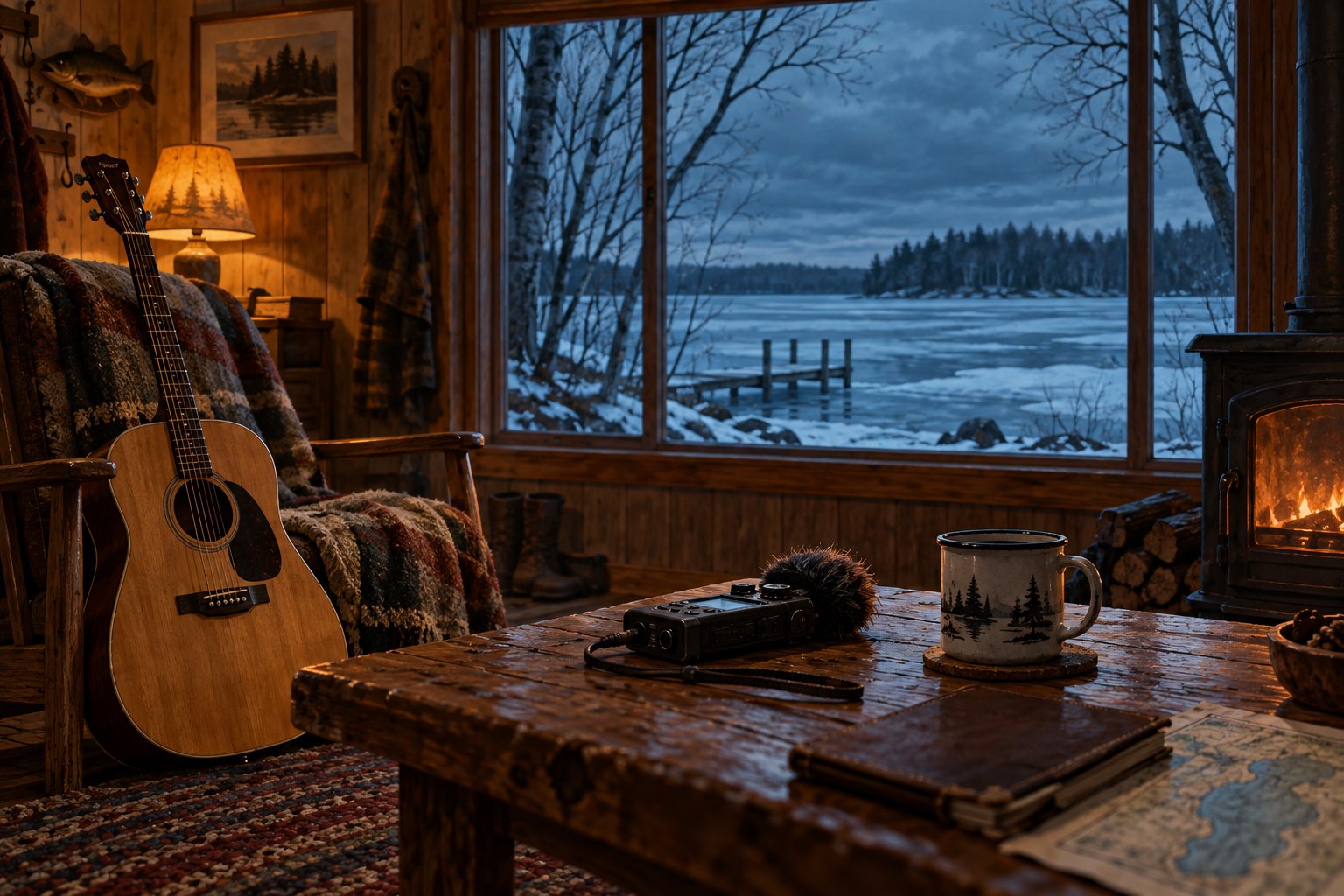 Original illustration of an acoustic guitar and portable recorder inside a warm cabin overlooking a cold Wisconsin lake.