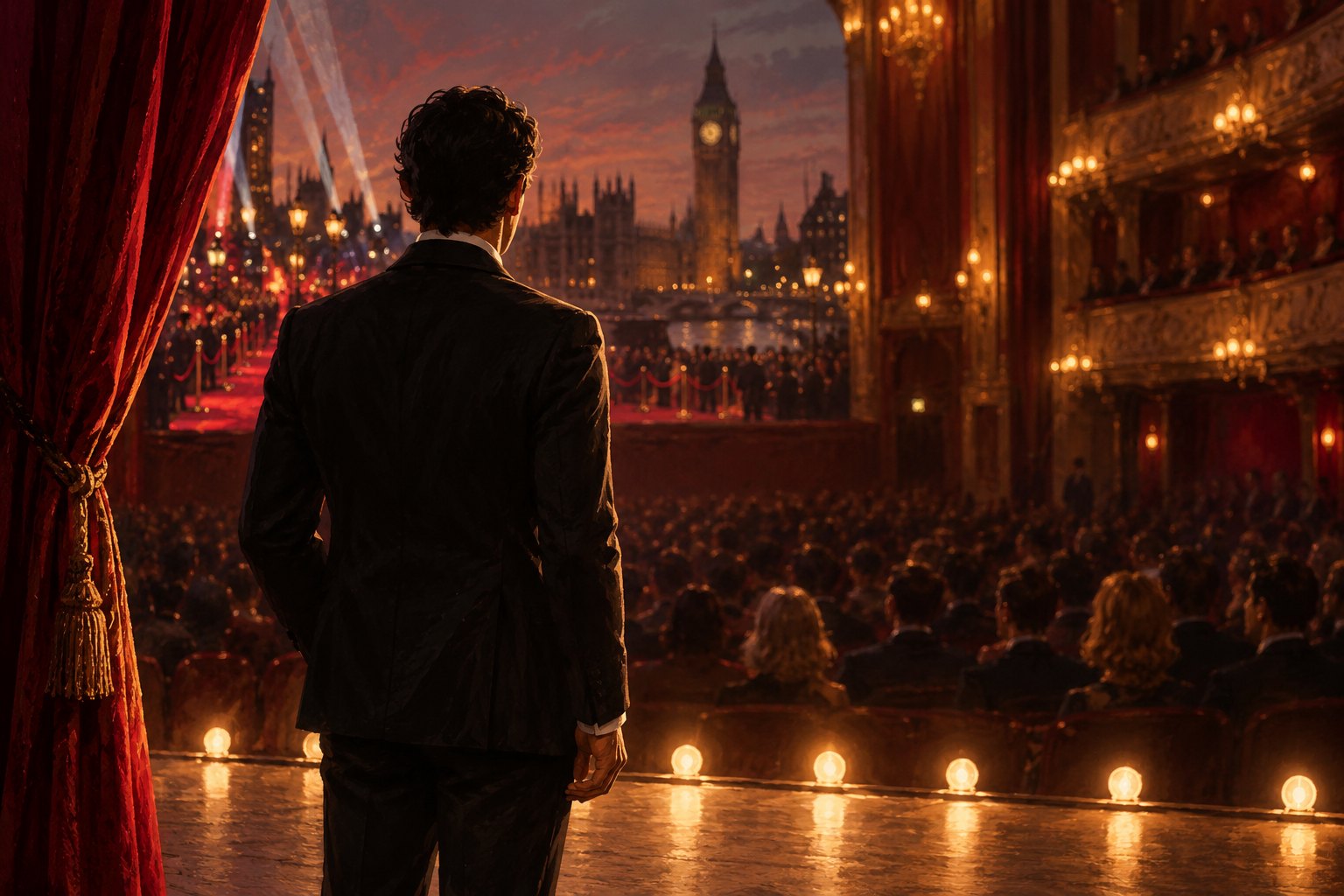 Conceptual illustration of an actor facing a warmly lit theater audience, with a London skyline beyond the stage.