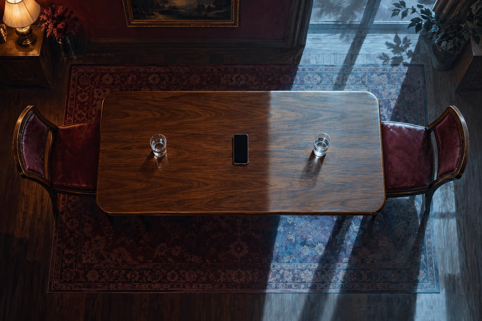Conceptual illustration of an empty dining table with a phone and two water glasses divided by warm and cool light.