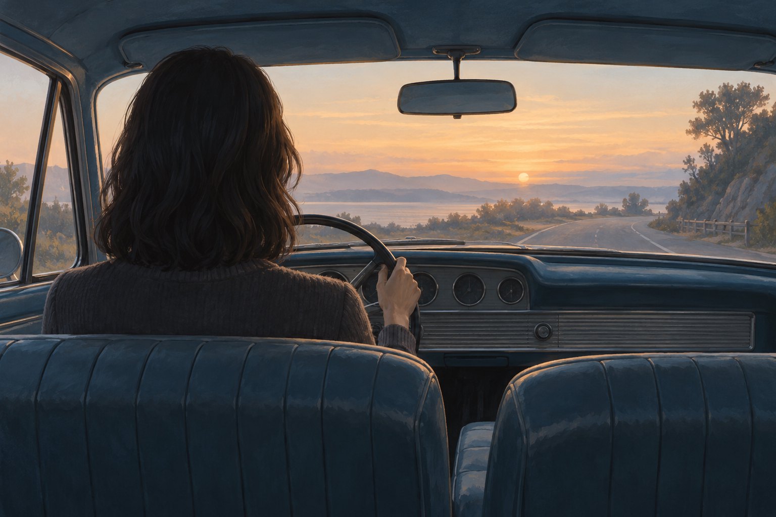 Conceptual illustration of a woman at a car’s steering wheel, seen from behind as she faces a quiet road at dawn.