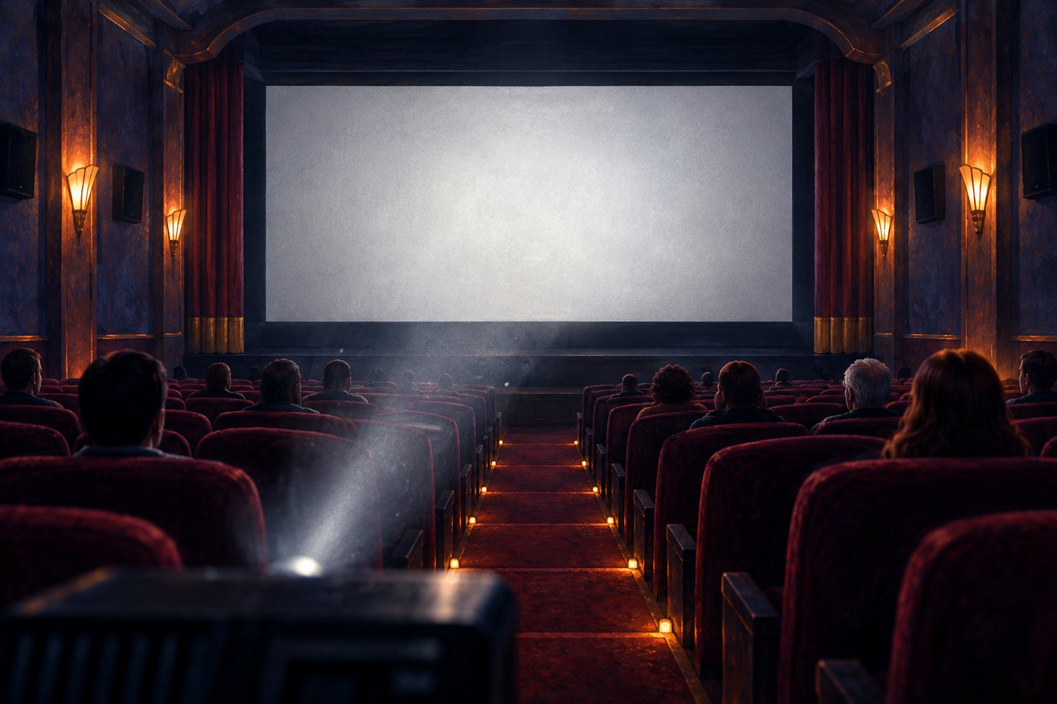 Illustration of moviegoers seated in a softly lit theater as a projector illuminates a blank screen.