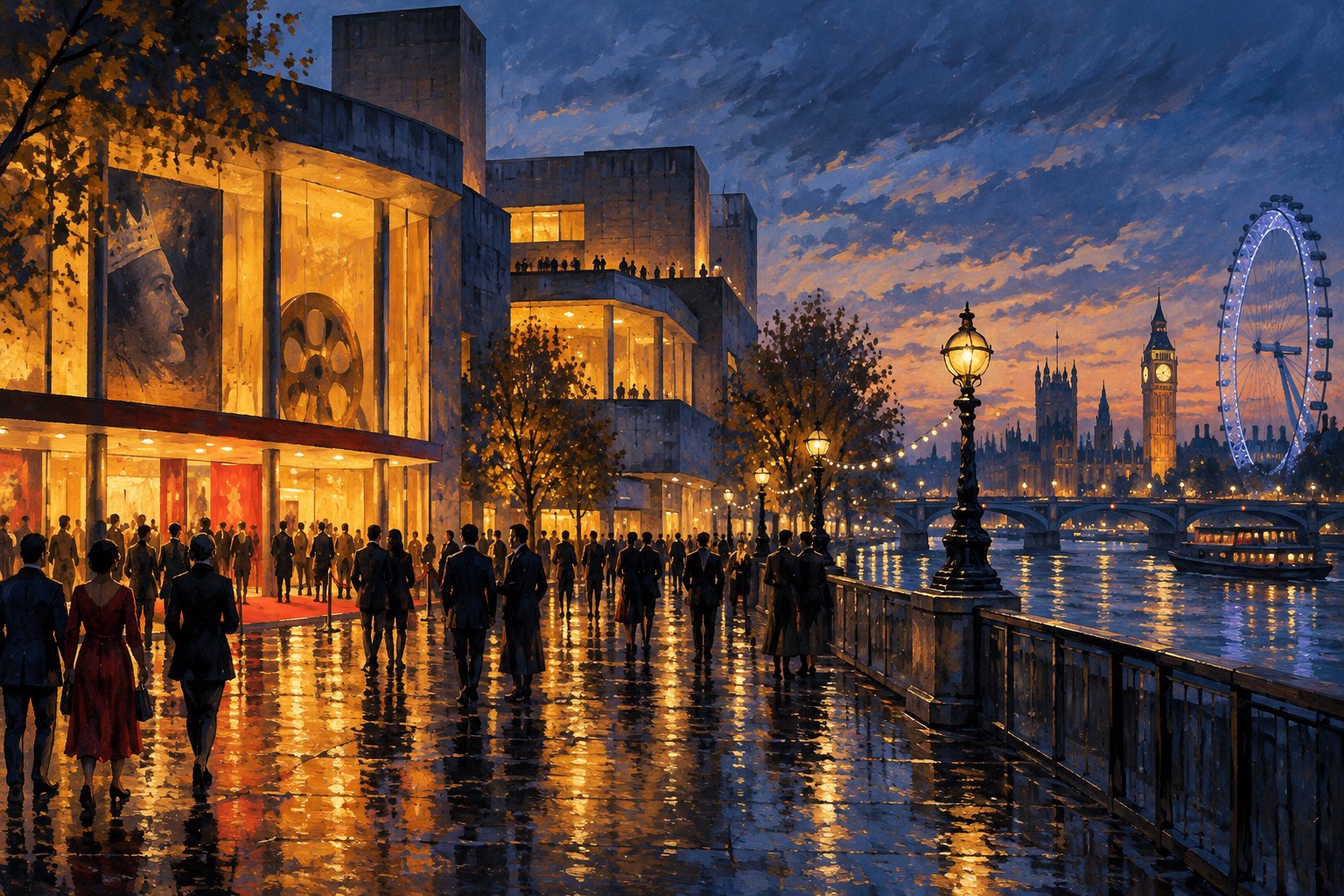 Conceptual illustration of festivalgoers outside a warmly lit riverside cinema in London at dusk.