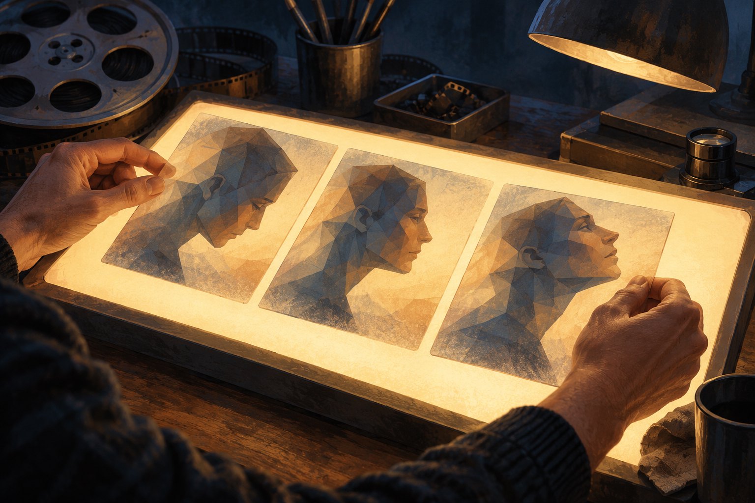 Conceptual illustration of human hands arranging three translucent portraits on an illuminated film editing table.