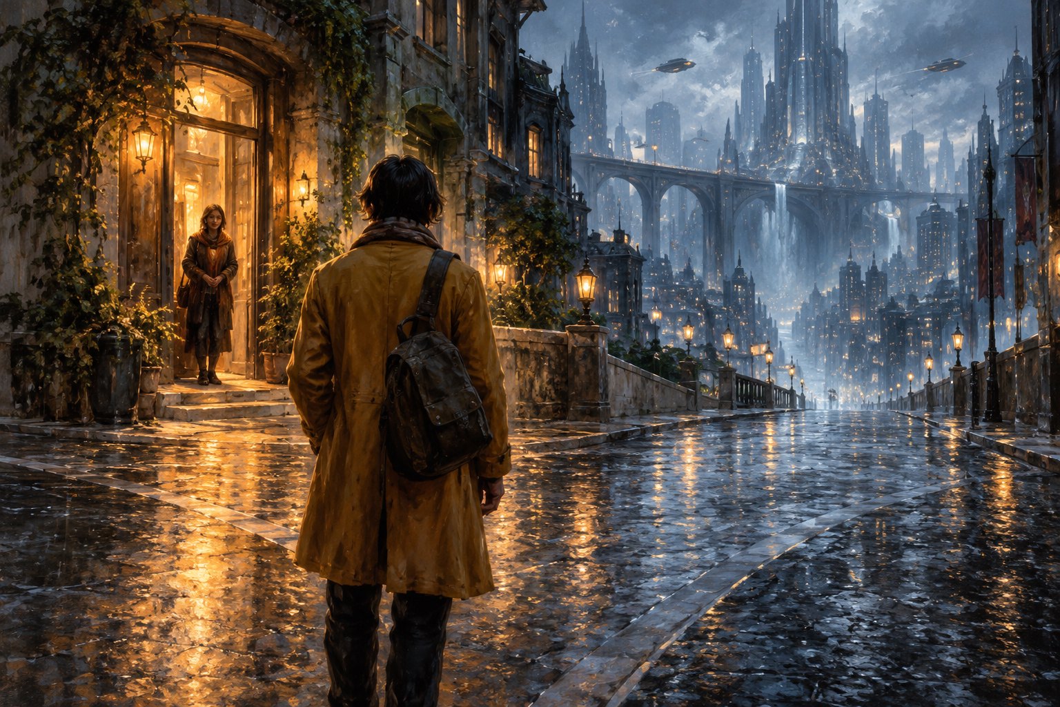 Conceptual illustration of a traveler in an ochre coat facing a person in a warmly lit doorway beside a rain-soaked futuristic avenue.