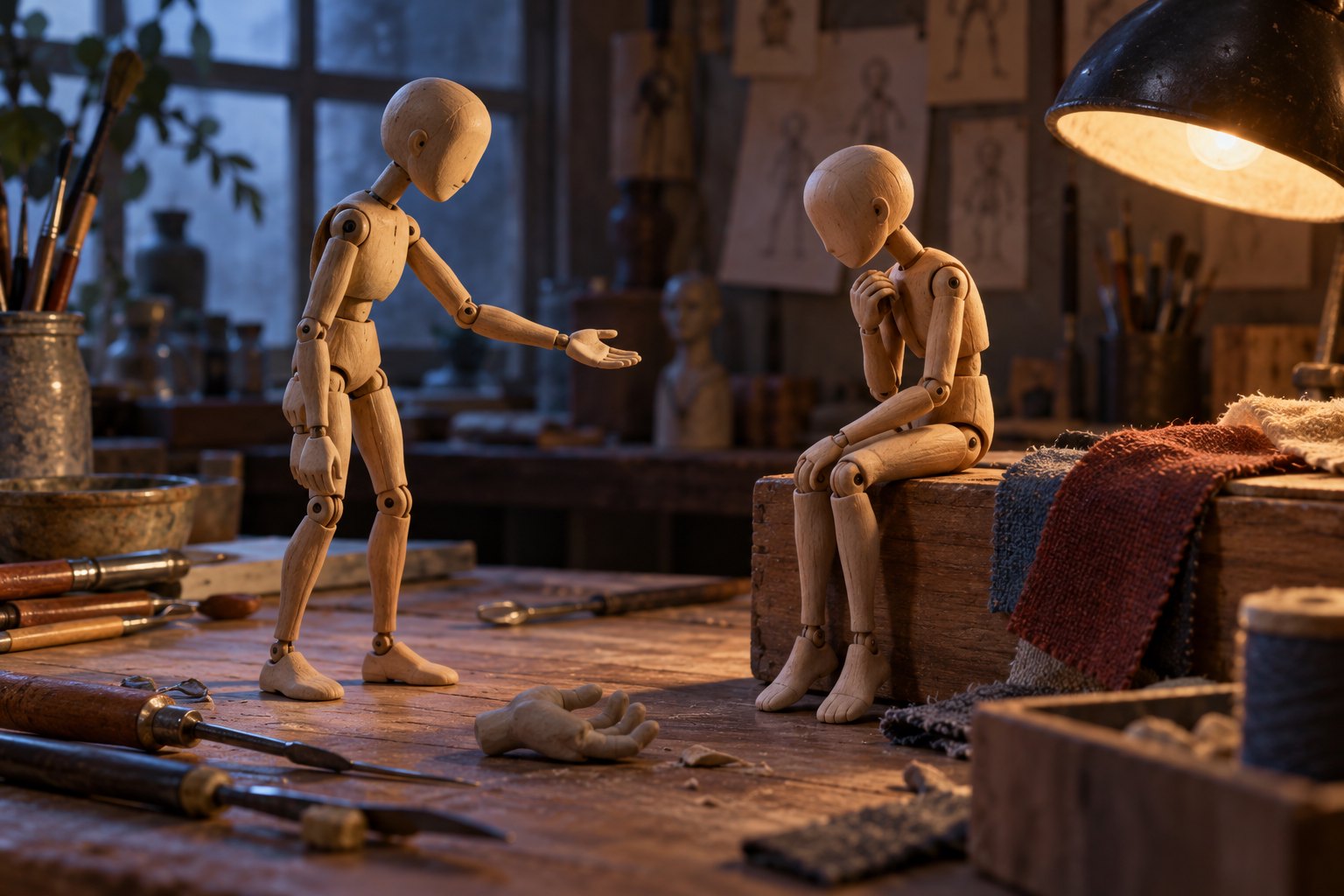 Conceptual illustration of two wooden puppets expressing contrasting emotions on a lamplit worktable surrounded by sculpting tools.