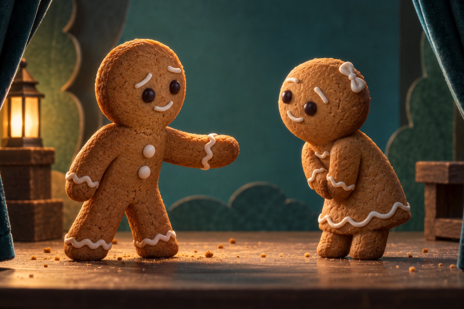 Conceptual illustration of two gingerbread figures exchanging tentative gestures on a small theatrical stage.