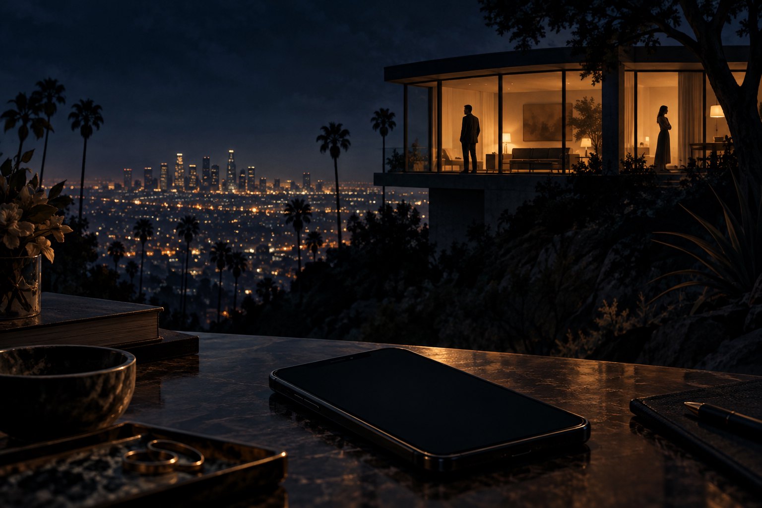 Conceptual illustration of a dark hillside house overlooking Los Angeles, with a blank-screen phone in the foreground and two figures separated inside.