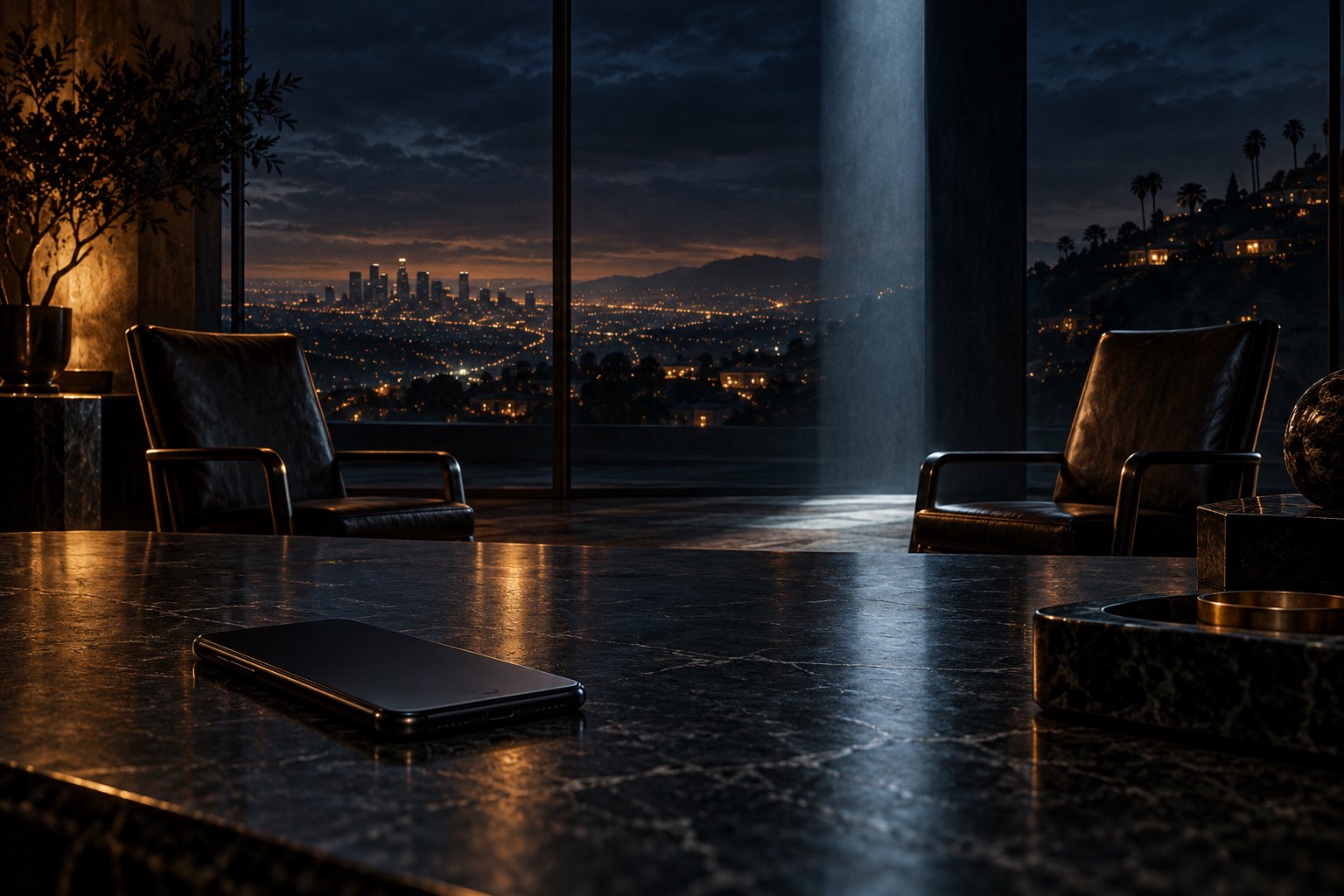 Concept illustration of a smartphone on a dark table between empty chairs overlooking Los Angeles at night.