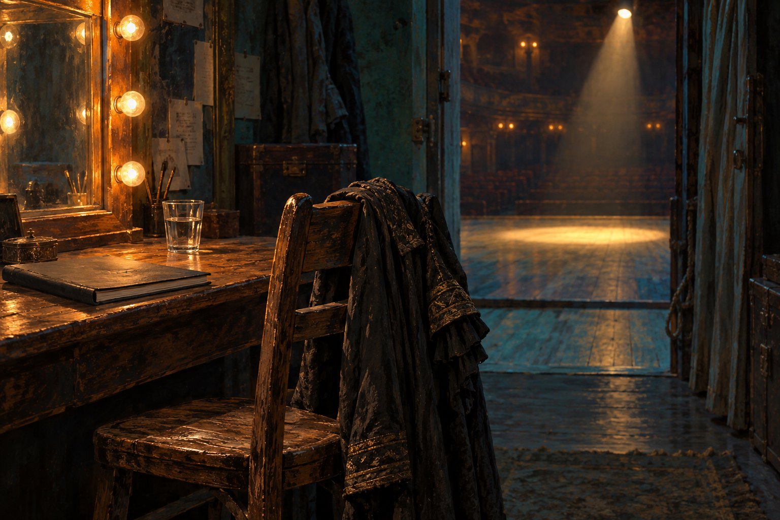 Conceptual illustration of a backstage dressing room with a draped costume, closed script, and doorway opening toward an empty illuminated stage.